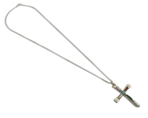 Zuni Handmade Cross Necklace 925 Silver Natural G… - image 2