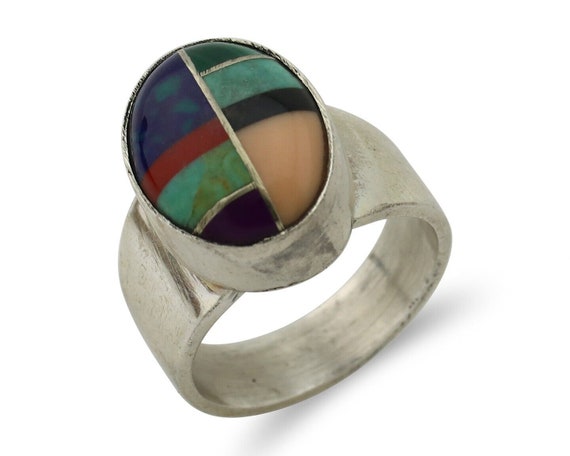 Zuni Inlaid Ring 925 Silver Mixed Natural Gemston… - image 1