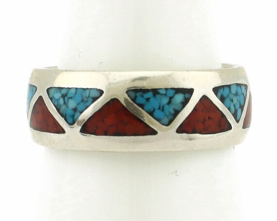 Navajo Ring 925 Silver Natural Turquoise & Coral … - image 4