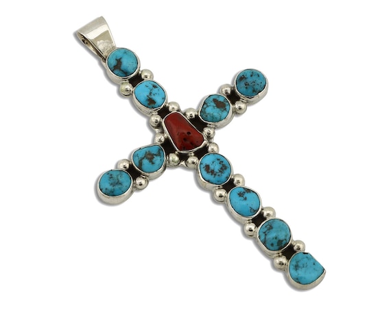 Zuni Handmade Cross Necklace 925 Silver Coral & T… - image 1
