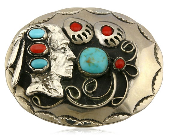 Navajo Belt Buckle .999 Nickle Turquoise & Coral … - image 1