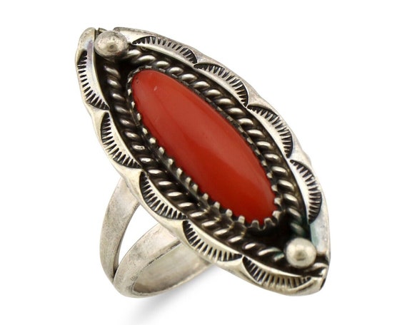 Navajo Handmade Ring 925 Silver Natural Coral Art… - image 1