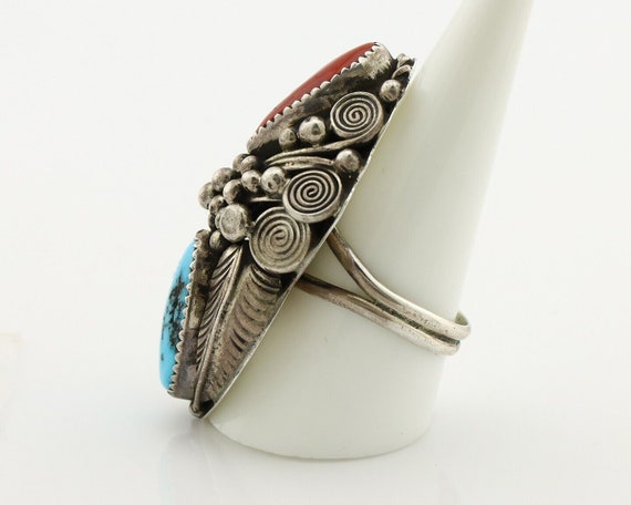 Navajo Ring 925 Silver Blue Turquiose & Coral Art… - image 5