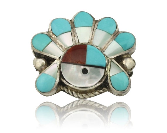 Important Very Detailed Vintage Native American Zuni Turquoise Coral Sterling Silver Pin Important Very Detailed Vintage Native American Zuni Turquoise Coral Sterling Silver Pin