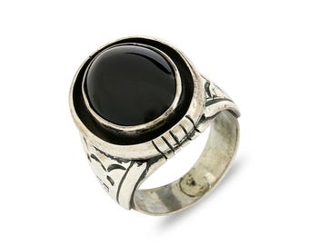 Anel de prata 925 com carimbo artesanal de ônix natural do artista Navajo Montoya