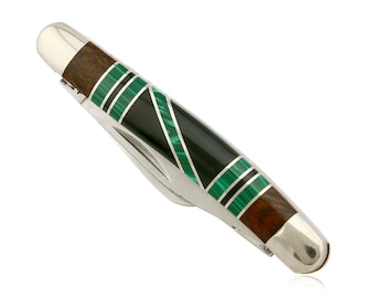 Navajo Pocket Knife Handmade Inlaid Gemstone .925 Silver & SS Circa 80&#39;s