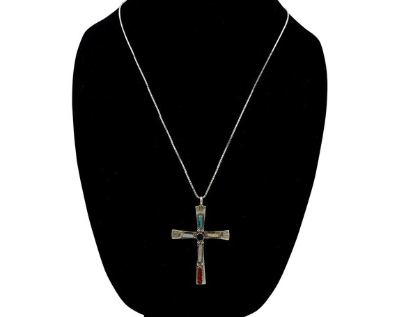 Zuni Handmade Cross Necklace 925 Silver Natural G… - image 7