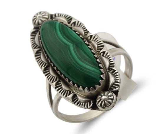 【Ron Herman】Navajo Silver 925 sterling刻印 Navajo Ring .925 Silver Malachite Hand Stamped Signed Herman Lee C
