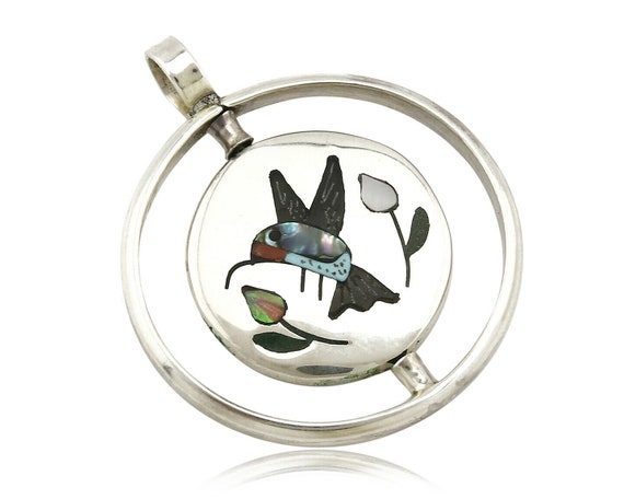 Navajo Bird Spinner Pendant .925 Siller Inlaid Ge… - image 2