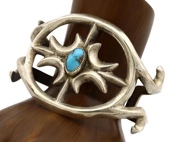 Navajo Sand Cast Cuff Bracelet .925 Silver Morenci Turquoise