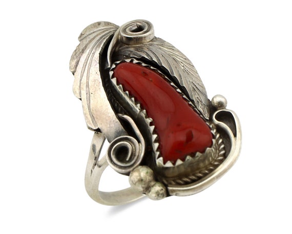 Navajo Ring 925 Silver Mediterranean Coral Artist… - image 1