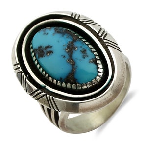 Navajo Ring 925 Silver Morenci Turquoise Artist Signed Ray King C.1980&#39;s