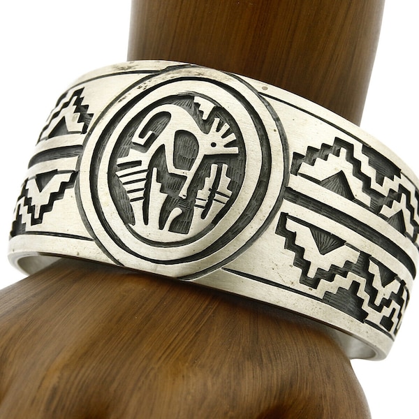 Navajo Lowell Draper Bracelet .925 Silver C.80's Overlay Kokopelli Pattern