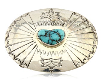 Navajo Belt Buckle .925 Silver Blue Turquoise Signed Tim Guerro C.80&#39;s