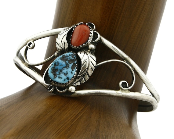 Women's Navajo Bracelet .925 Silver Turquoise & R… - image 1