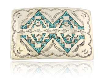 Navajo Belt Buckle 925 Sterling Silver Turquoise Signed NAKAI C80s