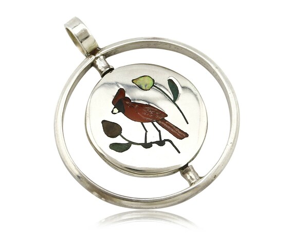 Navajo Bird Spinner Pendant .925 Siller Inlaid Ge… - image 1