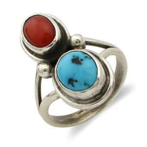 Navajo Inlay Band Ring 925 Silver Turquoise & Coral Native Artist C.80&#39;s