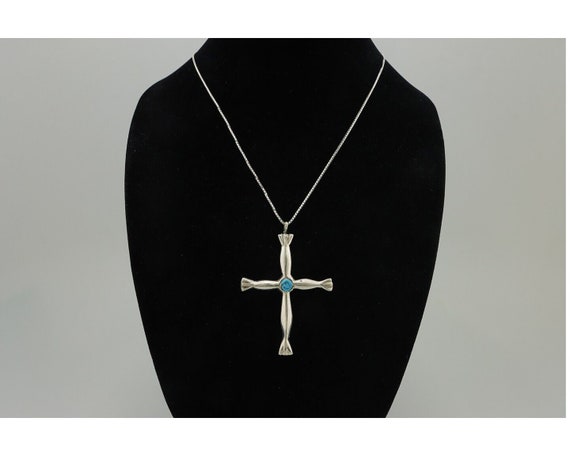 Navajo Sandcast Cross Necklace 925 Silver Turquoi… - image 7