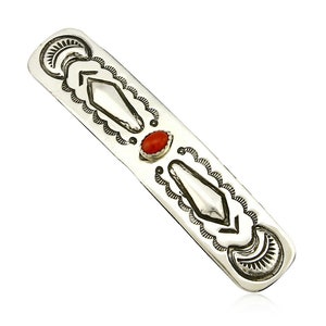 Navajo Real Red Coral 925 SOLID SILVER Hand Stamped 12mm Wide Barrette Hair Clip
