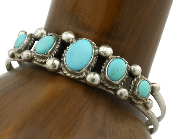 Navajo Bracelet .925 Silver Morenci Turquoise Sig… - image 1