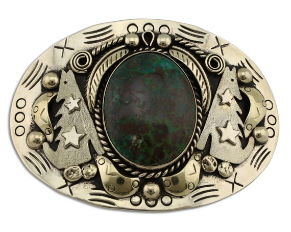 Navajo Coyote Belt Buckle .999 Nickel Turquoise Na