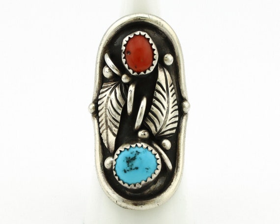 Navajo Ring 925 Silver Turquoise & Coral Artist S… - image 4