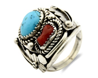 Navajo Ring .925 Silver Turquoise & Coral Handmade Artist Signed Bear Claw C80s