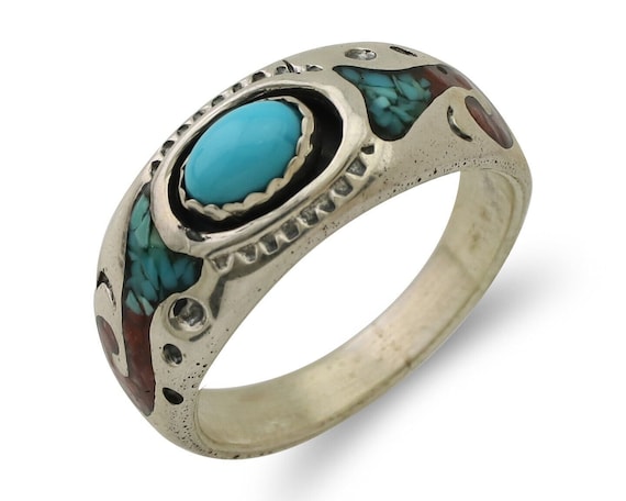 Navajo Ring 925 Silver Turquoise & Coral Natural … - image 1