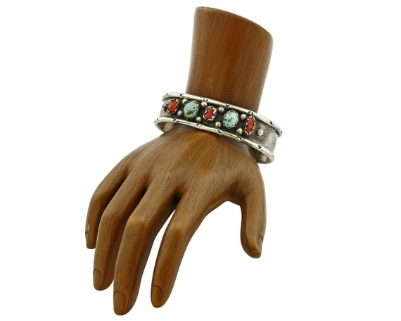 Navajo Bracelet .925 Silver Red Coral & Turquoise… - image 3