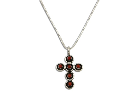 Zuni Handmade Cross Necklace 925 Silver Red Coral… - image 1