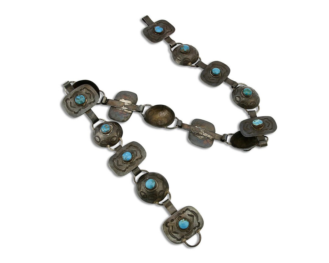 Ceinture Concho Pawn Navajo En Argent Estampillé à La Main - Turquoise - Longueur 44 Pouces