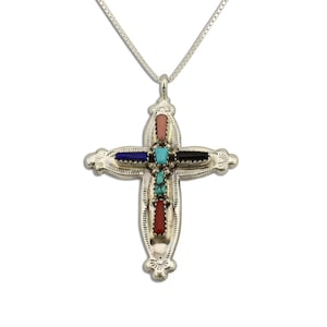 Zuni Handmade Cross Necklace 925 Silver Natural Gemstone Signed E Kaskalla C.80s
