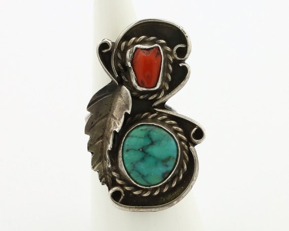 Navajo Handmade Ring 925 Silver Turquiose & Coral… - image 4