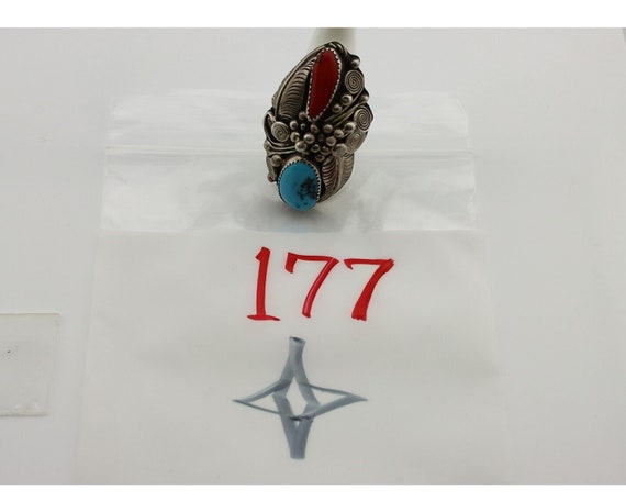 Navajo Ring 925 Silver Blue Turquiose & Coral Art… - image 9