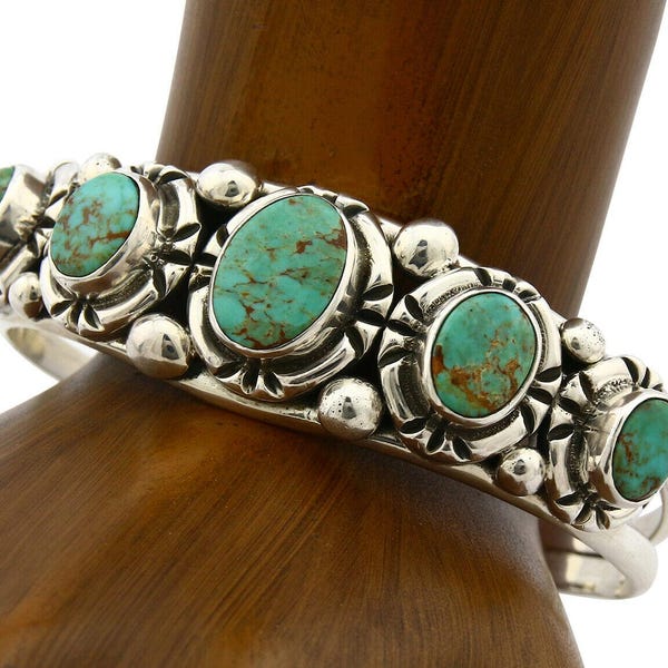 Navajo Natural Blue Turquoise Bracelet .925 Silver Signed Calvin Peterson C.80's