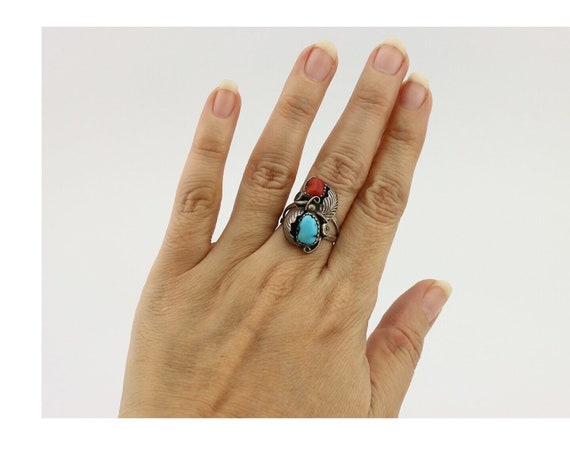 Navajo Handmade Ring 925 Silver Turquiose & Coral… - image 8