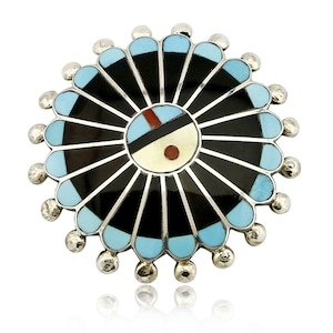 Zuni signiert Künstler Victoria Unkestine Intarsien .925 SOLID Silber Tewa Anhänger Pin