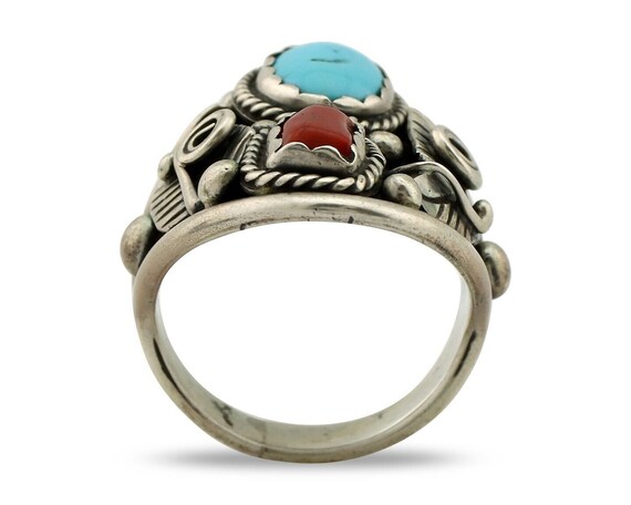 Navajo Ring 925 Silver Blue Turquiose & Coral Art… - image 3