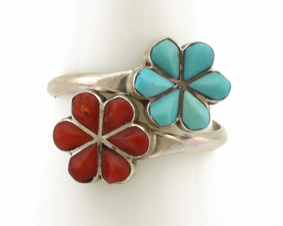 Zuni Flower Ring 925 Silver Turquoise & Coral Nat… - image 4