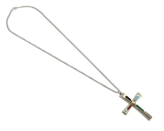 Zuni Handmade Cross Necklace 925 Silver Natural G… - image 2