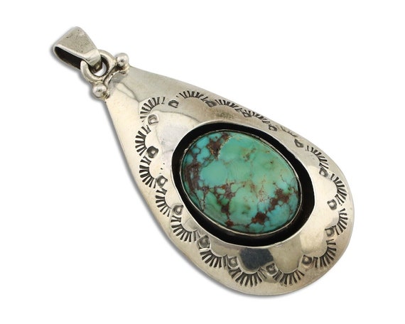 Vibrant Navajo Turquoise Teardrop Sterling Silver Necklace Native American Vibrant Navajo Turquoise Teardrop Sterling Silver Necklace Native American