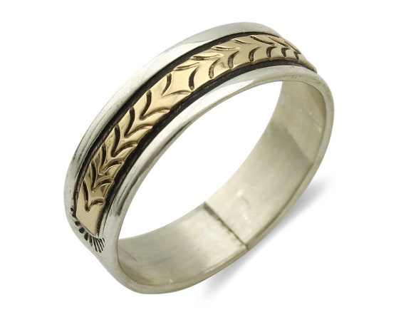 Navajo Ring 925 Silver & Solid 14k Yellow Gold Ar… - image 1