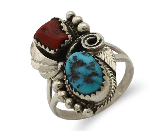 Navajo Ring .925 Silver Turquoise & Coral Artist … - image 1