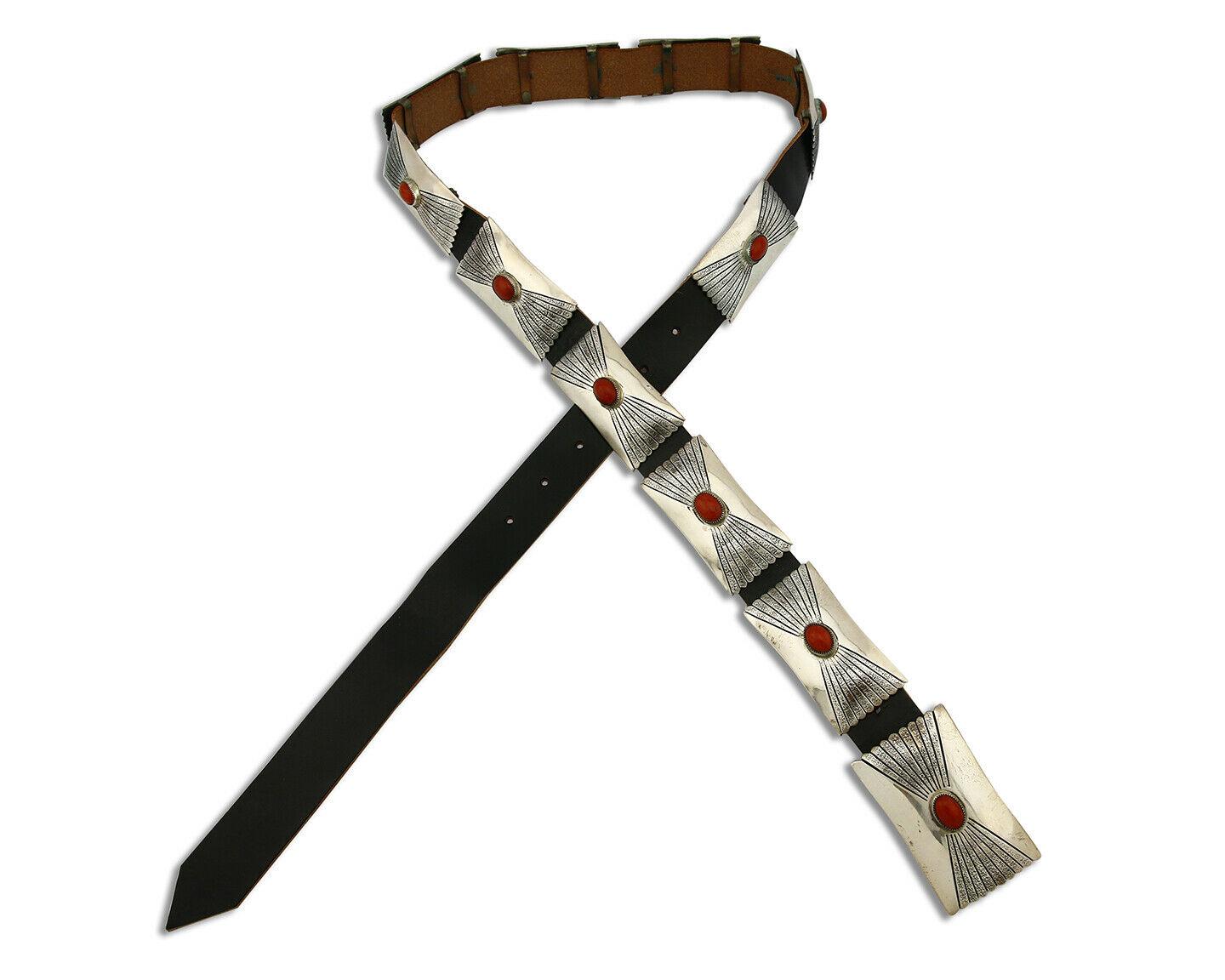 ナバホ族のコンチョベルト .925 シルバー鉱山 #8 コーラル トベ