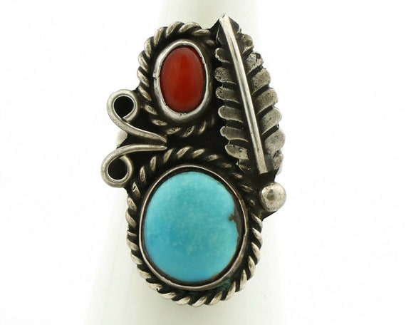 Navajo Ring .925 Silver Turquoise & Coral Native … - image 4