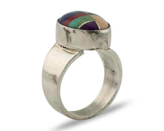 Zuni Inlaid Ring 925 Silver Mixed Natural Gemston… - image 2