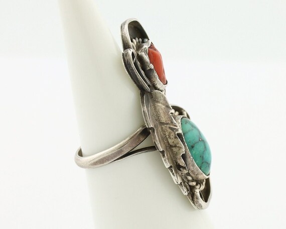 Navajo Handmade Ring 925 Silver Turquiose & Coral… - image 6