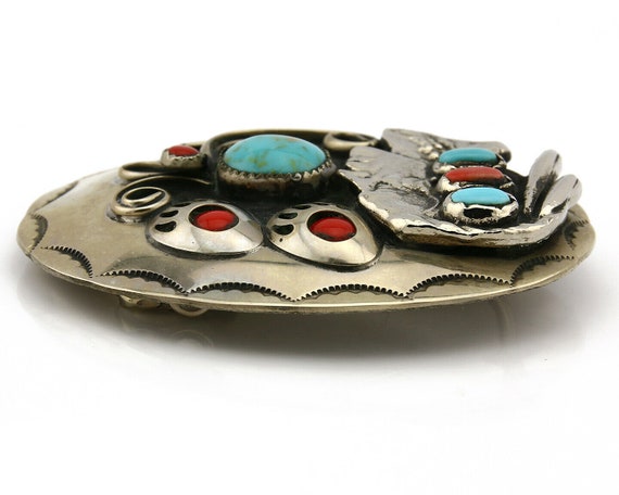 Navajo Belt Buckle .999 Nickle Turquoise & Coral … - image 7