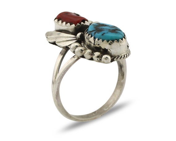 Navajo Ring .925 Silver Turquoise & Coral Artist … - image 2